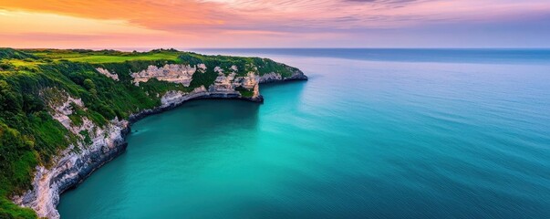 Poster - Seaside cliffs landscapes idea. A serene coastal view featuring cliffs and a peaceful sea at sunset.