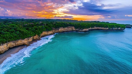 Poster - Seaside cliffs landscapes idea. A breathtaking view of a coastline at sunset with vibrant colors and serene waters.