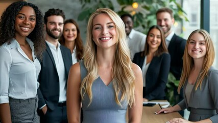 Poster - A diverse group of dedicated professionals is smiling and engaging in a vibrant, collaborative atmosphere within a modern office, showcasing the essence of teamwork and innovation