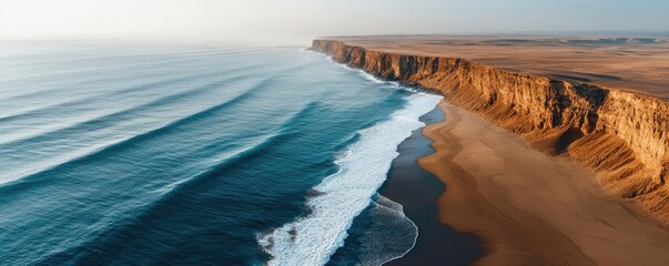 Poster - Seaside cliffs landscapes idea. A stunning coastline with waves crashing on golden sand and majestic cliffs under sunlight.