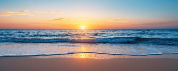 Poster - Sunset over ocean landscapes idea. Scenic view of a sunset over the ocean, reflecting vibrant colors on the water.