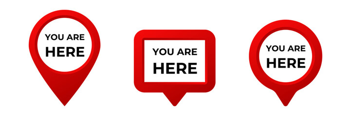 Poster - Three red map pointers display the words you are here inside, each with a distinct shape.