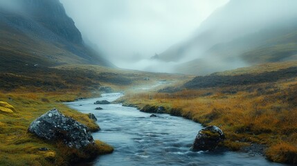 Aufkleber - Misty mountains scenic view landscapes concept. A serene misty valley with a flowing river, evoking tranquility and natural beauty.