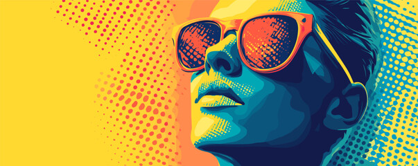 Poster - Vibrant pop art portrait of young person wearing sunglasses in colorful abstract style.