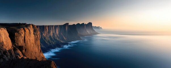 Poster - Seaside cliffs landscapes idea. Stunning panoramic view of cliffs meeting the calm ocean at sunset.