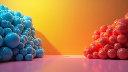 Aufkleber - two colorful spherical sculptures, one blue and one orange, stand on a gradient surface against a yellow wall