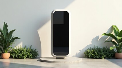 Poster - a minimalist smartphone with a sleek design and a dark screen stands upright amidst plants 