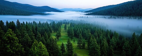 Poster - Misty mountains scenic view landscapes concept. Serene landscape featuring lush forests and misty hills under a tranquil sky.