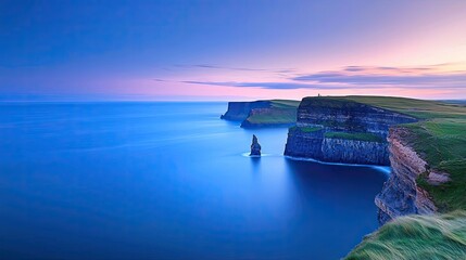 Poster - Seaside cliffs landscapes idea. Stunning sunset over cliffs and ocean, showcasing nature's beauty in tranquil colors.