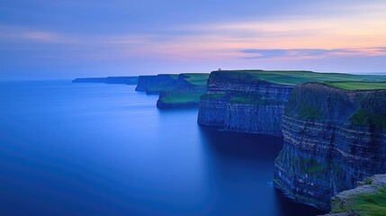 Aufkleber - Seaside cliffs landscapes idea. Serene coastal cliffs under a vibrant sunset sky, reflecting calm waters and nature's beauty.