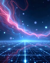 Poster - a futuristic digital landscape with glowing lines, grids, and energy patterns 