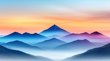 Poster - Misty mountains scenic view landscapes concept. Vibrant mountain landscape with a colorful sunset and layered peaks in the distance.