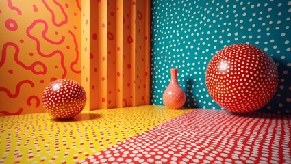 Aufkleber - vibrant room interior decorated with a mix of colorful patterns and shapes. Spheres and a vase are present, enhancing the artistic composition.