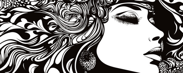 Poster - Artistic black and white abstract of woman with intricate hair patterns and closed eyes.