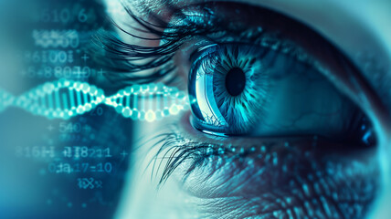 Poster - This Close-up of an eye with DNA sequences overlay, showcasing genetic research.