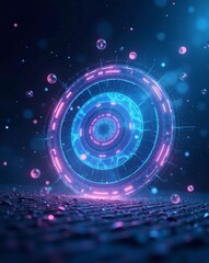 Poster - futuristic, glowing circular technology in a dark environment with neon lights and bubbles