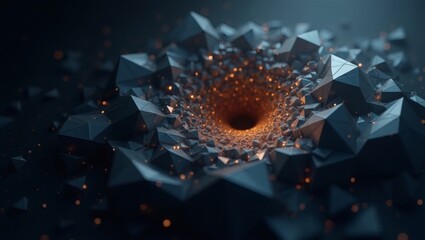 Aufkleber - a digital illustration of a dark, geometric shape collapsing into an orange glowing hole