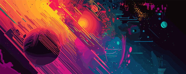Poster - Colorful abstract space-themed art with planets and cosmic patterns in vivid hues.