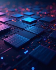 Poster - close-up of a futuristic circuit board with blue and purple lighting