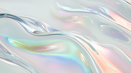 Poster - Ethereal Flow: Abstract image of a fluid iridescent surface shimmering with a spectrum of light and color. 