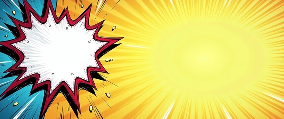 Aufkleber - an abstract illustration of a vibrant comic explosion, with radiating beams of yellow light and a speech bubble