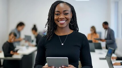Poster - In a lively office, a stylish businesswoman with beautiful dreadlocks beams while holding her tablet, surrounded by engaged colleagues working collaboratively, creating a positive atmosphere