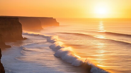 Poster - Seaside cliffs landscapes idea. Serene sunset over ocean waves with cliffs reflecting golden light.