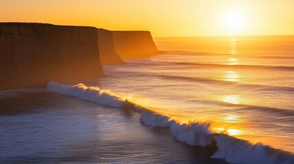 Aufkleber - Seaside cliffs landscapes idea. Stunning sunset over ocean waves and cliffs, creating a tranquil, golden atmosphere.