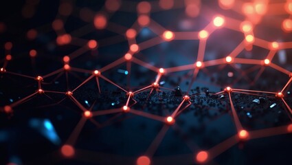 Aufkleber - a futuristic digital network with interconnected nodes in vibrant shades of red and blue, suggesting connectivity and technological advancement