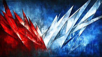 Aufkleber - Dynamic abstract painting with contrasting red and blue geometric forms