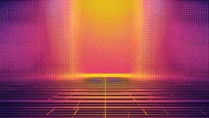 Poster - abstract geometric background with vibrant neon light and digital grids. The image evokes a sense of futuristic technology, cyberspace, and digital design
