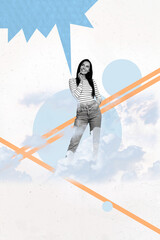 Poster - Sketch design trend poster photo collage of online speech texting bubble communication note sms email dialog young lady stand heaven cloud