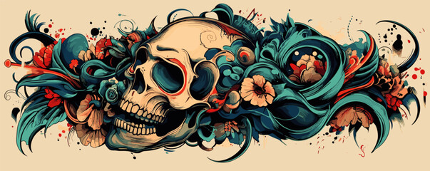 Poster - Vibrant skull with floral and abstract patterns in colorful artistic design.