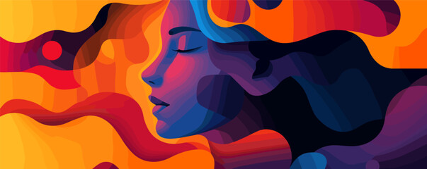 Poster - Surreal portrait of woman in colorful abstract style with flowing hair.