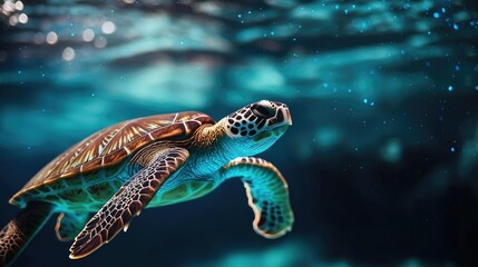 Poster - Sea turtle conservation landscapes concept. A graceful turtle swimming through crystal-clear ocean waters.