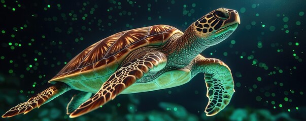 Poster - Sea turtle conservation landscapes concept. A graceful sea turtle gliding through crystal clear ocean waters.