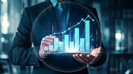 Poster - A confident professional holds a glowing sphere with dynamic charts, symbolizing growth and the importance of data analysis in a hightech business environment focused on innovation and progress