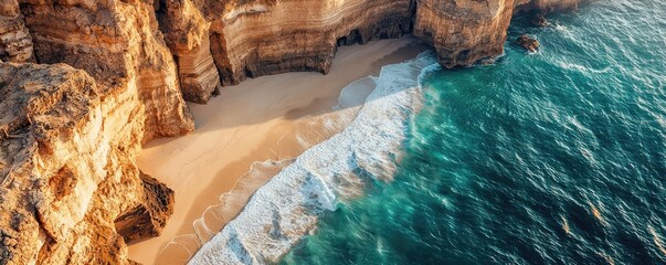 Poster - Seaside cliffs landscapes idea. Aerial view of a stunning coastline with cliffs and crystal clear water.