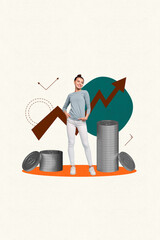 Aufkleber - Metaphor collage poster of business woman standing with stack coins increasing charts
