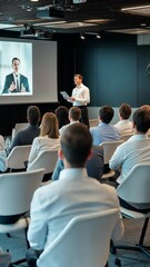 Aufkleber - A skilled speaker shares insights on tech trends at a corporate event, captivating an enthusiastic audience that engages through multimedia tools, creating an interactive experience for all