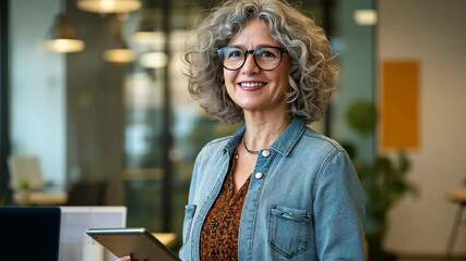Poster - In a modern office, a cheerful, middleaged woman with curly hair and stylish glasses confidently holds a tablet, embodying professionalism and empowerment in todays dynamic business world