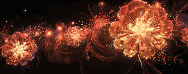Poster - Vibrant abstract floral art with glowing orange flowers and delicate sparkling effects on black background.