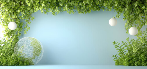 Poster - serene scene featuring 3D wireframe globe made of green vines, surrounded by lush foliage and hanging white spherical lights, set against soft blue background