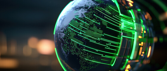Poster - glowing digital Earth with green energy lines and holographic elements, symbolizing technology, sustainability, and global connectivity, set against futuristic dark background