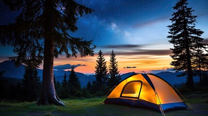 Wall Mural - camping under stars landscapes concept. a glowing tent in the woods at dusk, surrounded by tall tree