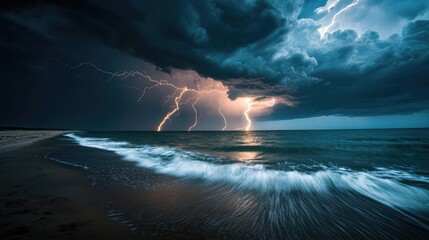 Poster - Beach waves landscapes idea. Dramatic storm clouds and lightning over an ocean shore create a captivating natural scene.