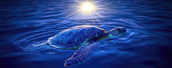 Poster - Sea turtle conservation landscapes concept. A serene turtle glides gracefully through tranquil blue waters beneath a shining sun.
