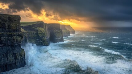 Poster - Beach waves landscapes idea. Stunning seascape at sunset with dramatic cliffs and crashing waves.