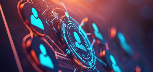 Poster - futuristic digital interface displaying interconnected user icons, symbolizing wireless communication network. glowing blue and orange tones create dynamic and innovative atmosphere