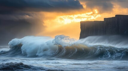 Poster - Beach waves landscapes idea. Dramatic ocean waves crashing against a rugged cliff at sunset.
